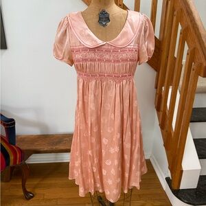 Betsey Johnson Peach Pink Smocked Mini Dress with Peter Pan Collar